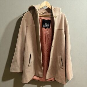 J Percy Vtg Tan Pea Coat Merino Wool Womens Hooded Made In USA Mid Length Size L
